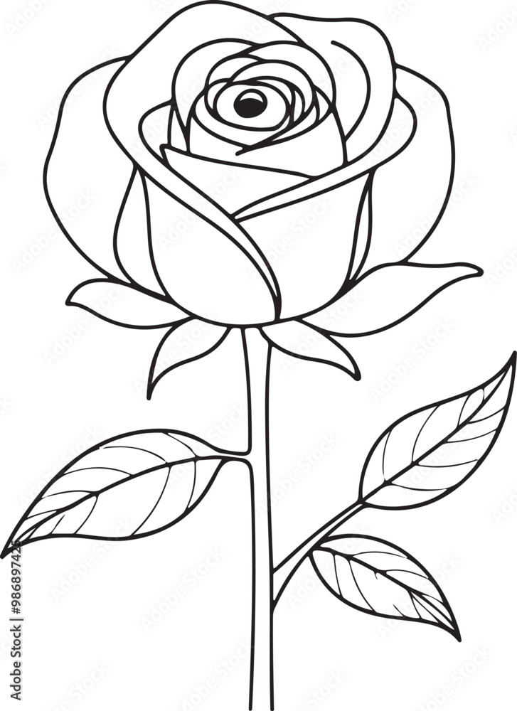 Poster a single elegant rose with a stem and leaves depicted in a continuous line drawing style