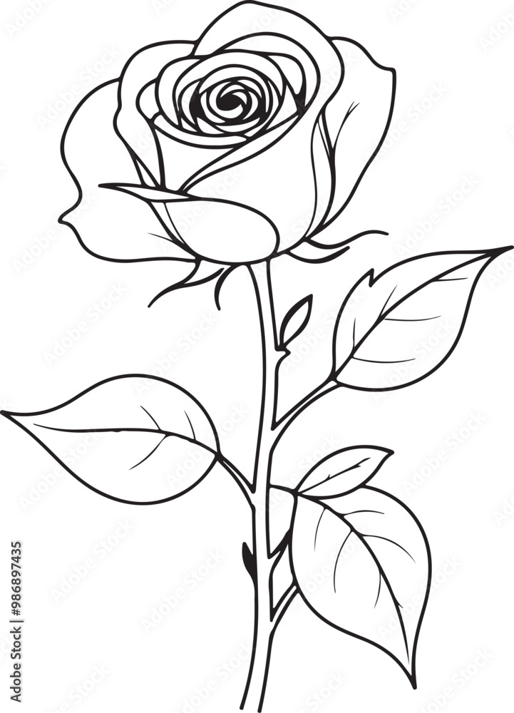 Poster a single elegant rose with a stem and leaves depicted in a continuous line drawing style