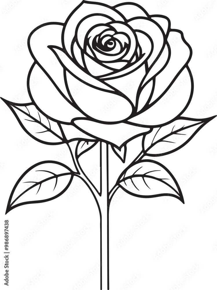Poster a single elegant rose with a stem and leaves depicted in a continuous line drawing style