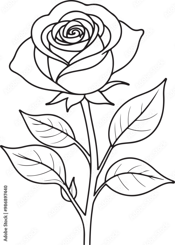 Poster a single elegant rose with a stem and leaves depicted in a continuous line drawing style