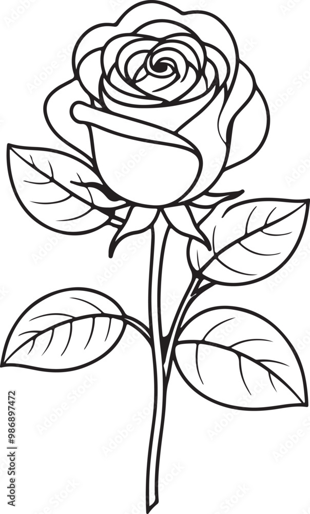 Poster a single elegant rose with a stem and leaves depicted in a continuous line drawing style