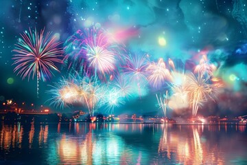 beautiful colored fireworks over the water. Fireworks Festival.Less By Konstantin