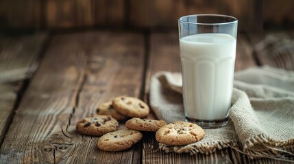 Glass of milk on a rustic wooden table, surrounded by cookies and natural light