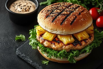 Pineapple Burger. Grilled chicken pineapple burger lettuce tomato juic
