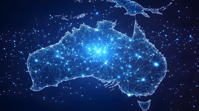 Digital map of Australia network connectivity, data transfer, tech business telecommunication.