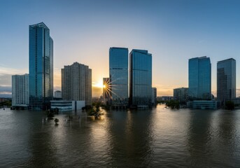 Fototapeta premium City Buildings Reflected in Floodwaters at Sunset
