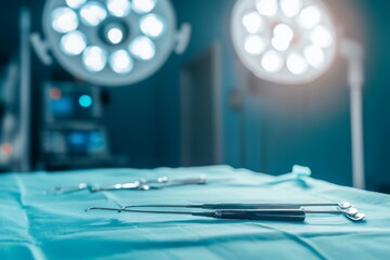 An ultrasonic scalpel elegantly positioned on an operating table, captured under bright, focused lighting. The innovative surgical environment in the background enhances the image