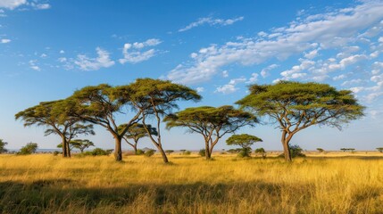 Iconic acacia trees standing tall in the savanna, with their distinctive umbrella-shaped canopies.