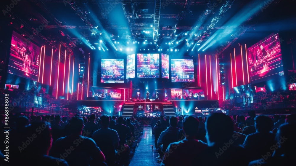 Poster a vibrant arena filled with enthusiastic fans enjoying a dazzling esports event, featuring bright li