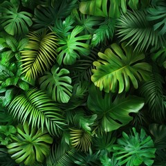 Lush, green tropical foliage with a variety of plants and palm leaves, creating a dense and vibrant jungle scene.