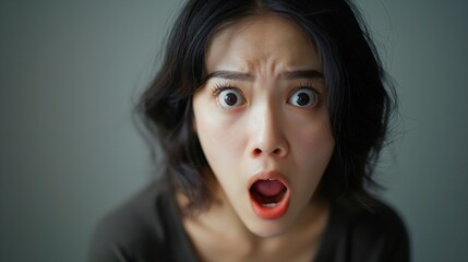 Close-up beautiful young Asian woman's shocked face and wide eyes Female portrait with scared or surprised facial expression Motivational reaction Copy space Isolated Japanese Chinese or Korean lady  