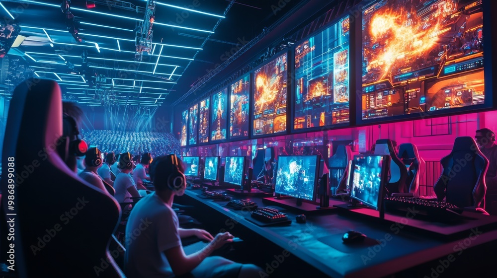 Poster a vibrant gaming arena filled with players at computers, illuminated by colorful screens showcasing 