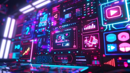 Obraz premium Digital workspace showcasing the concept of digital content, social network services, streaming video, and NFTs.