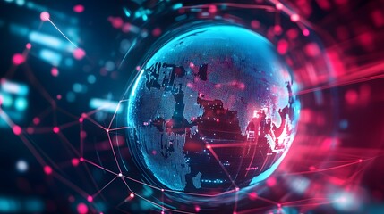 Digital world globe centered on USA, showcasing global network and connectivity, data transfer, cyber technology, information exchange, and international telecommunication.