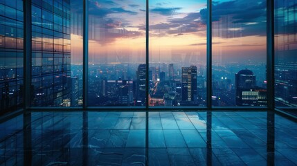 Fototapeta premium Panoramic view through a large glass window overlooking a city skyline at dusk