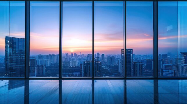 Fototapeta Panoramic view through a large glass window overlooking a city skyline at dusk