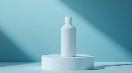 White plastic bottle on a blue background, ideal for product packaging.