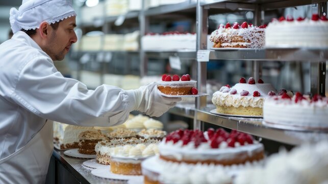 Quality control specialist inspecting cakes for consistency and quality in a large bakery setting.