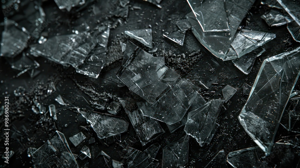 Poster shards of broken glass scattered on a dark surface, with sharp edges highlighted