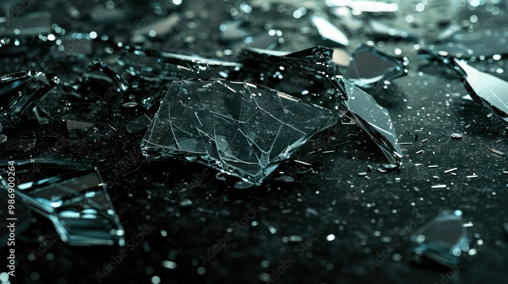 Poster shards of broken glass scattered on a dark surface, with sharp edges highlighted