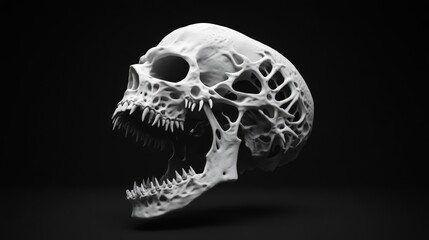 A detailed white skull showcasing intricate skeletal structure against a dark background, highlighting its unique features.