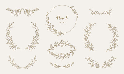 Hand drawn floral frames with flowers,  branch and leaves. Elegant logo template. Vector illustration for labels, 
branding business identity, wedding invitation