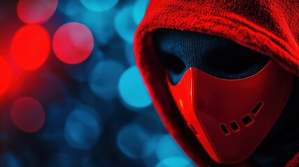 A mysterious figure in a red hood and mask blends into a vibrant background of colorful bokeh lights, evoking intrigue and suspense.