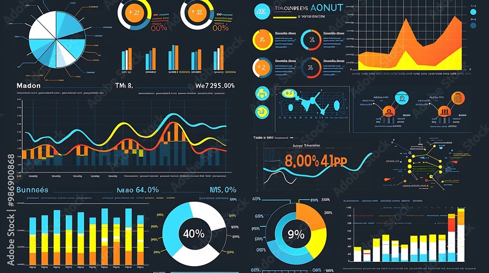 Poster colorful data visualization with various charts, graphs, and icons. it shows data related to busines