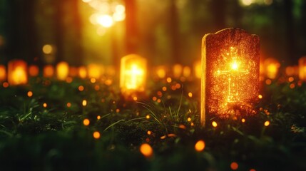 A serene cemetery scene with glowing lanterns illuminating gravestones, creating a peaceful and mystical atmosphere.
