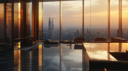 Fototapeta premium Luxury lifestyle theme showing a high-end luxury apartment with floor-to-ceiling window and breathtaking city view