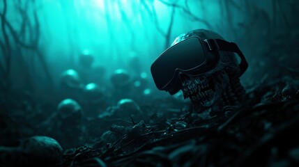 A surreal scene featuring a skull wearing VR goggles, surrounded by eerie shadows and distant skeletons, evoking a haunting atmosphere.