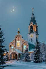 Beautiful, majestic and modern church with a bright crescent moon in the evening. The Christmas Eve atmosphere is beautiful and peaceful