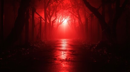 Mysterious path illuminated by eerie red light, surrounded by dark trees in fog, creating a haunting atmosphere.