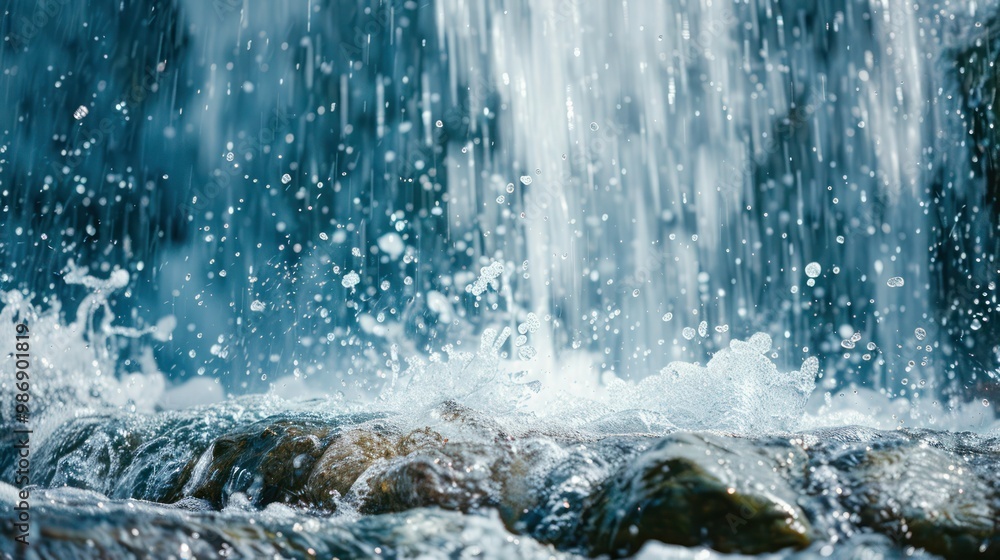 Poster the base of a waterfall with water splashing and creating a dynamic and refreshing scene.