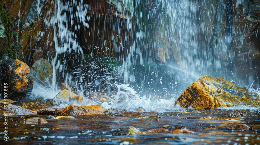 Poster the base of a waterfall with water splashing and creating a dynamic and refreshing scene.