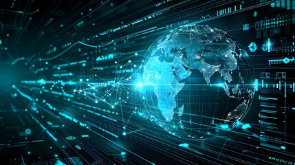 Digital world globe representing the concept of global network connectivity, high-speed data transfer, and cyber technology.