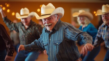 Seniors enjoy a lively line dance at a festive social event, showcasing joyful expressions and traditional western attire.