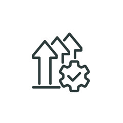 Professional career growth, efficient grow, graph revenue growth outline icon. Line sign arrows up and cogwheel. Vector isolated pictograms for web and app on white background editable stroke.
