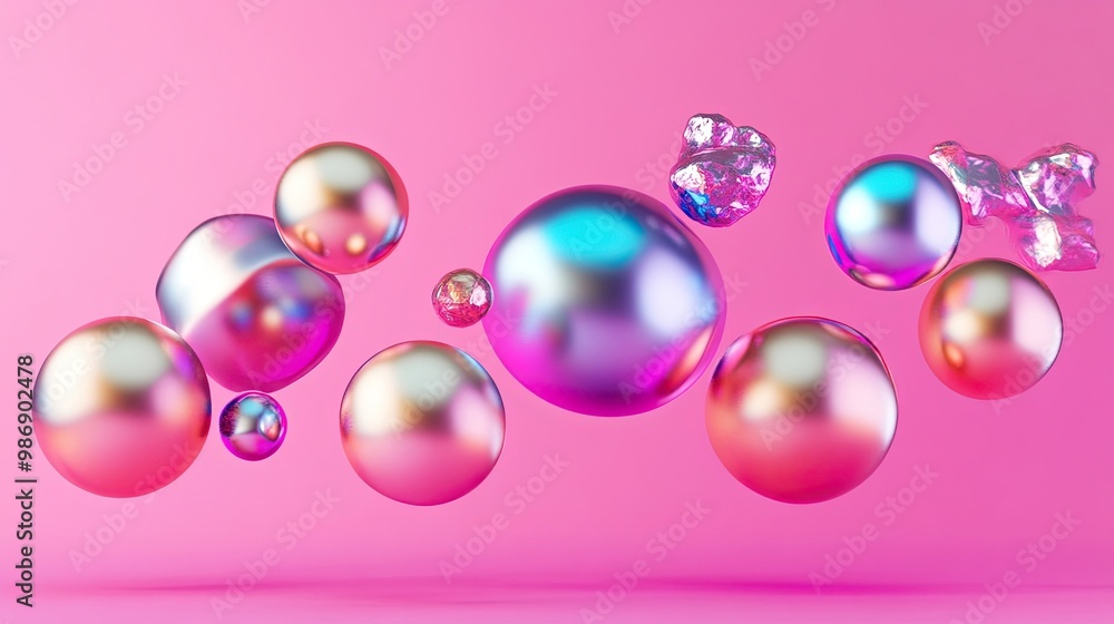 Wall mural Flying shapes in motion, including spheres and torus in metallic colors, isolated on pink background, a 3D render for trendy designs.