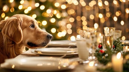 Golden Retriever Waiting Patiently at Festive Christmas Dinner Table