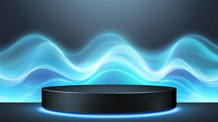 Fototapeta premium A black podium with a glowing blue light ring in front of a wavy blue and white abstract background.