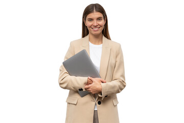 Portrait of successful businesswoman standing with laptop in hands