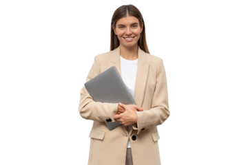 Portrait of successful businesswoman standing with laptop in hands