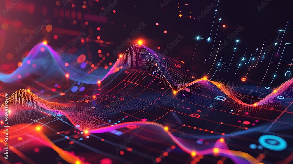 Poster abstract digital landscape with neon waves, lines and glow effect.