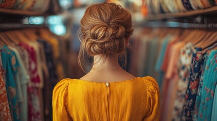 Fototapeta premium Woman in Yellow Dress Browsing Dresses in a Store – Back View with Dresses on Hangers, Professional High-Resolution Photography