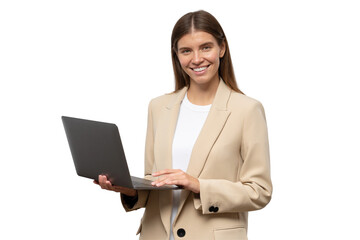Portrait of successful businesswoman in business clothes using laptop
