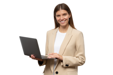 Portrait of successful businesswoman in business clothes using laptop