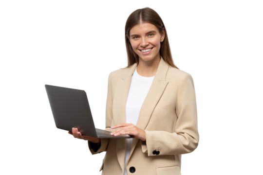 Portrait of successful businesswoman in business clothes using laptop