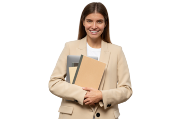 Portrait of millennial woman teacher holding copy books and laptop in hands