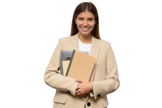 Portrait of millennial woman teacher holding copy books and laptop in hands